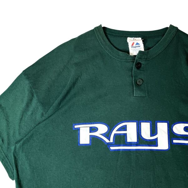 majestic マジェスティック 00s MLB タンパベイ・レイズ ベースボールシャツ風 Tシャツ ヘンリーネック ユニフォーム風 2XL緑グリーン