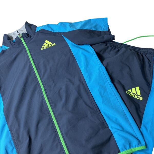 アディダス adidas 2013年製 ジャージ セットアップ 上下セット ナイロン生地 薄手 半袖 ハーフパンツ 夏物 XO ブルー紺