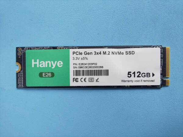 ●新品同様品 使用時間 1時間 NVMe SSD M.2 2280 Hanye E-26 512GB 作動確認中古品 NO66●