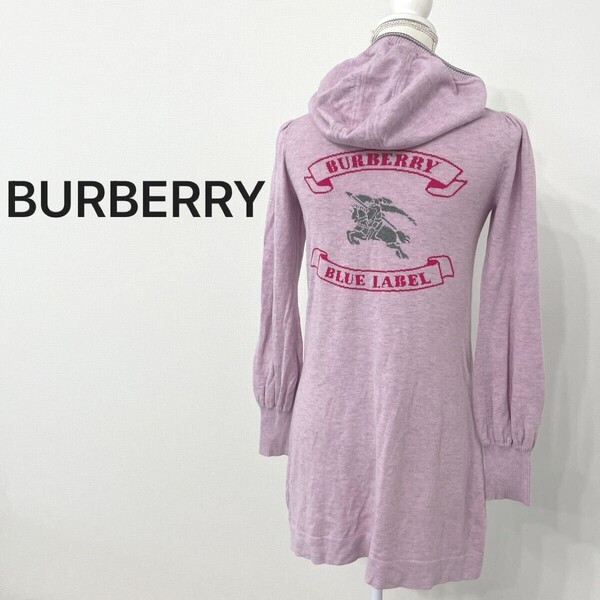 【374】Y2K BURBERRY バーバリーブルーレーベル 38サイズ 長袖ミニニットワンピース 三陽商会 ピンクパープル フェアリーグランジ
