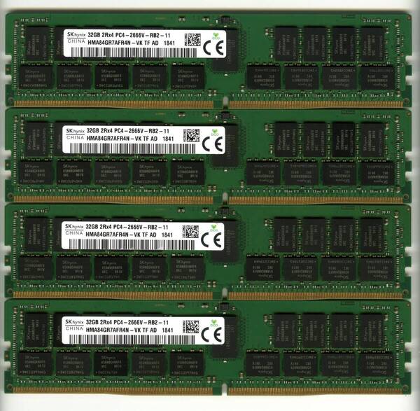 【RDIMM】DDR4-2666、ECC Registered、32GBの4枚セットで128GB、中古 SKhynix reg pc4 サーバー メモリ Z4 G4で動作確認済み 1841-3