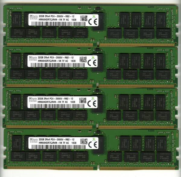 【RDIMM】DDR4-2666、ECC Registered、32GBの4枚セットで128GB、中古 SKhynix reg pc4 サーバー メモリ Z4 G4で動作確認済み 1838
