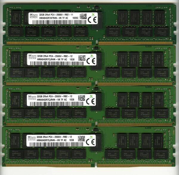 【RDIMM】DDR4-2666、ECC Registered、32GBの4枚セットで128GB、中古 SKhynix reg pc4 サーバー メモリ Z4 G4で動作確認済み 1838,1835