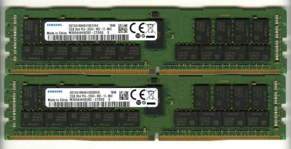 【RDIMM】DDR4-2666、ECC Registered、32GBの2枚セットで64GB、中古 Samsung reg pc4 サーバー メモリ Z4 G4で動作確認済み 1846