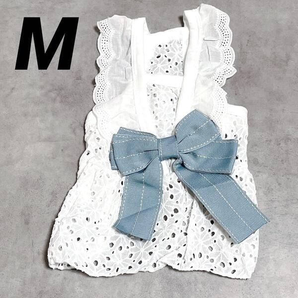M 犬服 ドレス ワンピース レース リボン ブルー 夏服 ペット服 通気性