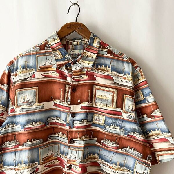 90s REYN SPOONER エジプトコットン 船 模型 アロハシャツ M ハワイ製 ビンテージ 90年代 レインスプーナー ハワイアンシャツ ヴィンテージ
