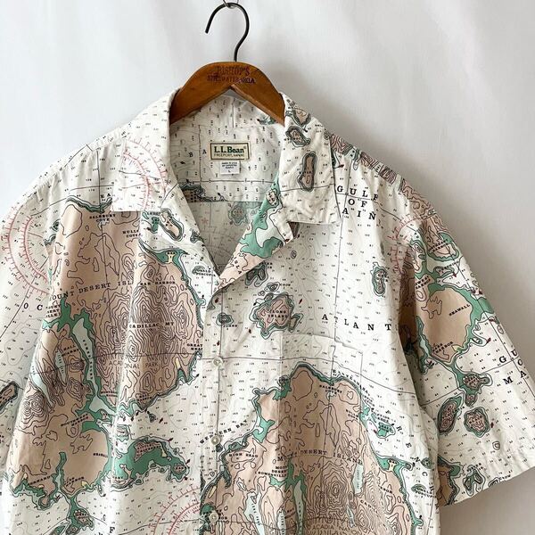 80s L.L.Bean メイン湾 航海図 マップ柄 コットン 開襟 半袖 ボックス シャツ L USA製 ビンテージ 80年代 LL Bean LLビーン オープンカラー