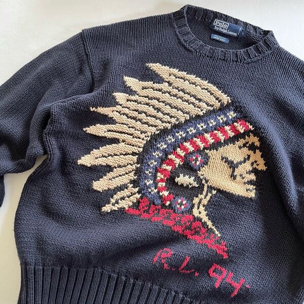 90s Polo by Ralph Lauren RL94 インディアンヘッド コットン ハンドニット セーター L ビンテージ 90年代 ポロ ラルフローレン オリジナル