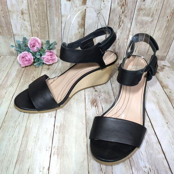 【CAMPER】ウェッジサンダル☆レザー☆38☆カンペール☆ブラック☆黒☆24cm☆レディース靴