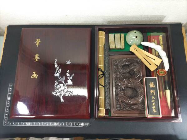 ■送料無料!■螺鈿細工・書道具セット・H8.5×W36×D29cm■硯箱■習字道具!