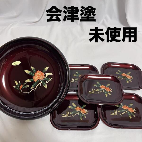 未使用 会津塗 菓子鉢 銘々皿 セ6点セット 玉虫塗 石楠花 漆器 漆塗 うるし シャクナゲ JAPAN あいづ塗 手書