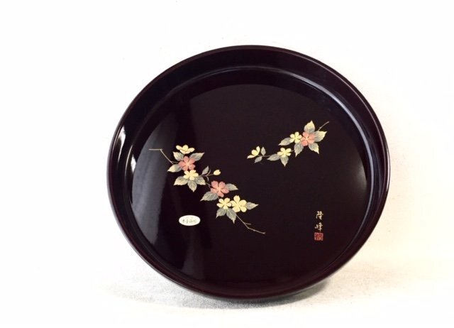 紀州塗り お盆 トレー 10寸 30cm 丸盆 溜 山路 金蒔絵 盛絵 和風