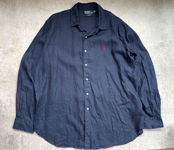 90s POLO RALPH LAUREN ポロ ラルフローレン リネン 長袖シャツ XXL ネイビー 濃紺 オールド ビンテージ USA オーバー サイズ ビッグ