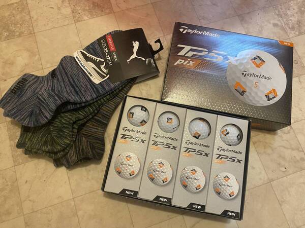 即買★送料無料!!TaylorMade♪テーラーメイドTP5x pix 5層構造 2024(12球)+PUMA3足組ソックス