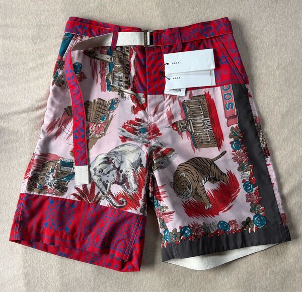 2新品 sacai アーカイブ プリント ショートパンツ ベルト付き 21SS size 2 M ボトムス パンツ ショーツ サカイ メンズ