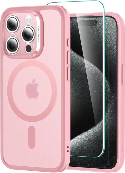 【4 in 1セット!保護フィルム付き】ESR iPhone 15 ProMax ケース Magsafe対応 半透明 マット ストラップホール付き クリア_フロストピンク