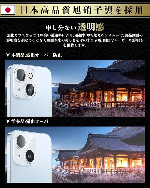 iPhone15 ガラスフィルム (2枚)+ For iPhone15 カメラフィルム(2枚)【旭硝子素材製 - 4枚入り】iPhone15 用 硬度9H ガイド枠 6.1インチ