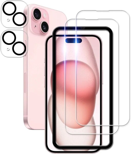 KPNS iPhone 15 ガラスフィルム【2+2枚セット】ガイド枠付き 日本素材製 強化ガラス iPhone15 用 ガラスフィルム アイフォン 保護フィルム