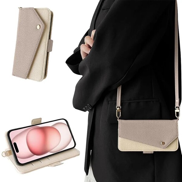 Kahper for IPhone15 ケース 手帳型 ショルダー iPhone 15 可愛い アイフォン15 衝撃吸収 スマホケース iphone15 PUレザー アプリコット