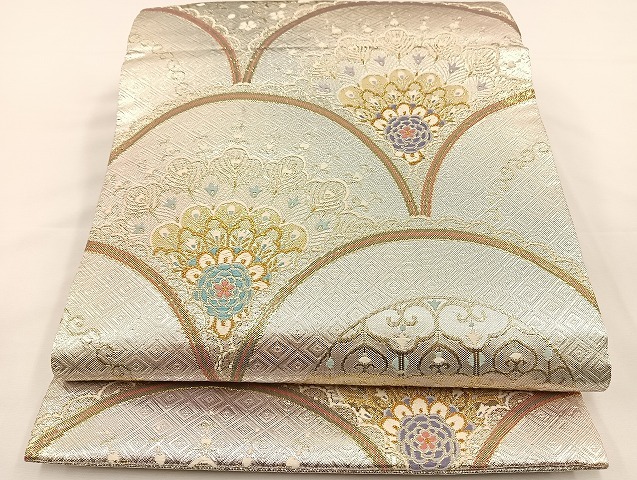 美品！青海波 紺系 華丸文様 扇 金 正絹 二重太鼓 袋帯 作り帯