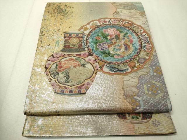 袋帯 美品 名品 向かい鳥 草花 金銀彩 箔 茶紫 お太鼓柄 正絹