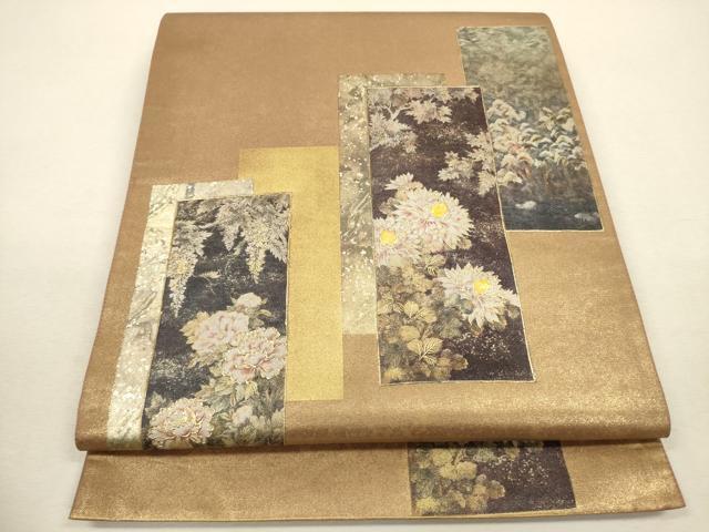 袋帯 美品 名品 向かい鳥 草花 金銀彩 箔 茶紫 お太鼓柄 正絹