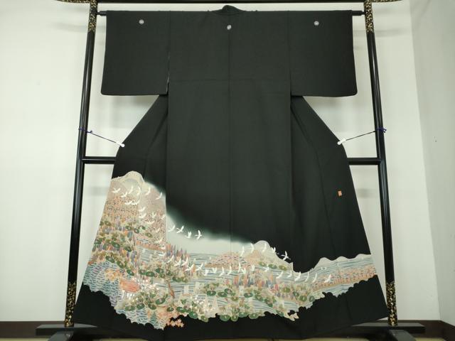 作家もの 黒留袖 京加賀友禅 五つ紋 比翼 付風景 家屋 花 着物
