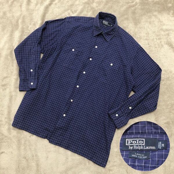 希少★美品 Polo by Ralph Lauren ポロバイラルフローレン 長袖シャツ LANCE チェック ネイビー系 Mサイズ 綿100% アクティ21