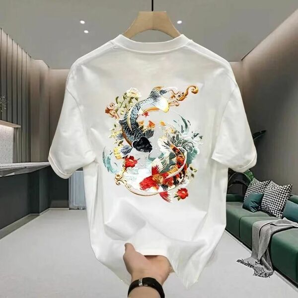 2XL 丸首 Tシャツ 夏 半袖 油絵 金魚 メンズ 肌着 無地 生地柔らか 白