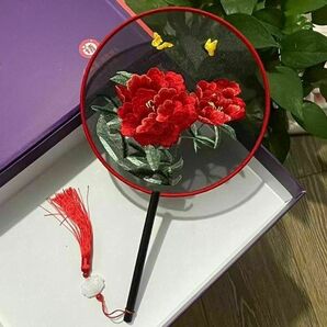 高級団扇 うちわ 両面刺 シルク素材 上品手芸 中国伝統刺繍 赤牡丹④