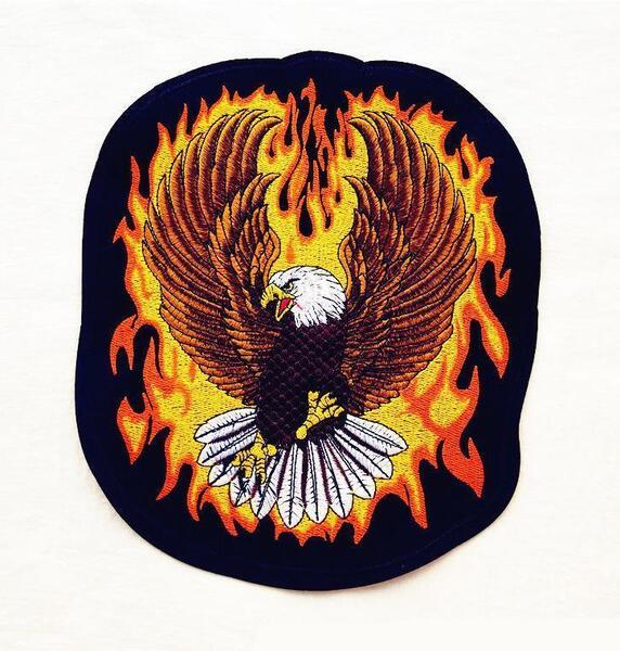 ワッペン アイロン接着 大サイズ 豪華刺繍 バイクウェア カスタム鷹とファイア