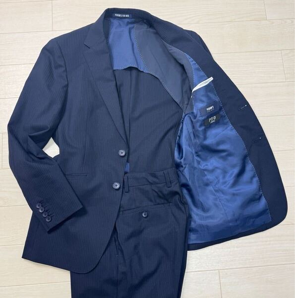 PERSON'S FOR MEN パーソンズフォーメン メンズ シングルスーツ セットアップ ネイビー ストライプ YA4 背抜き ビジネス フォーマル