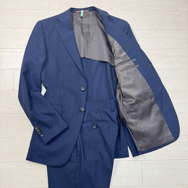 Perfect Suit FActory パーフェクトスーツファクトリー メンズ シングルスーツ セットアップ 背抜き 88Y4 ネイビー ストライプ ビジネス