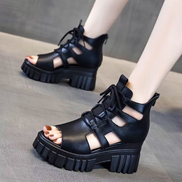 靴 s89 【22.5-23cm】厚底 7cm レディース レースアップ フェイクレザー PU カジュアル サンダル ブーツサンダル 脚長 スタイルアップ 美脚