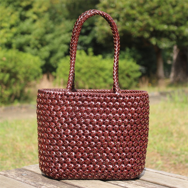牛革 革編み込み 山葡萄風 六角花結び編み かごバッグ 籠 BAG バッグ かご バッグ 手提 カラー:コーヒー