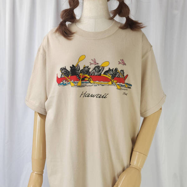 タグ付き未使用品 M BKlibancats クリバンキャット カヌーイラスト 半袖Tシャツ ベージュ系 USED 古着 猫 ねこ cat ハワイ スーベニア