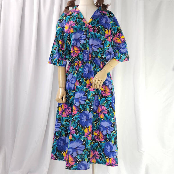 80~90s used USA製 XL CABRAIS 花柄 ロングワンピース 開襟 総柄 レトロ VINTAGE ヴィンテージ 古着 ドレス オープンカラー アメリカ古着