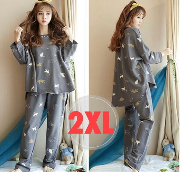 2XL ルームウェア 猫 グレー 上下 韓国 可愛い パジャマ 長袖 部屋着 セットアップ 上下セット ゆったり