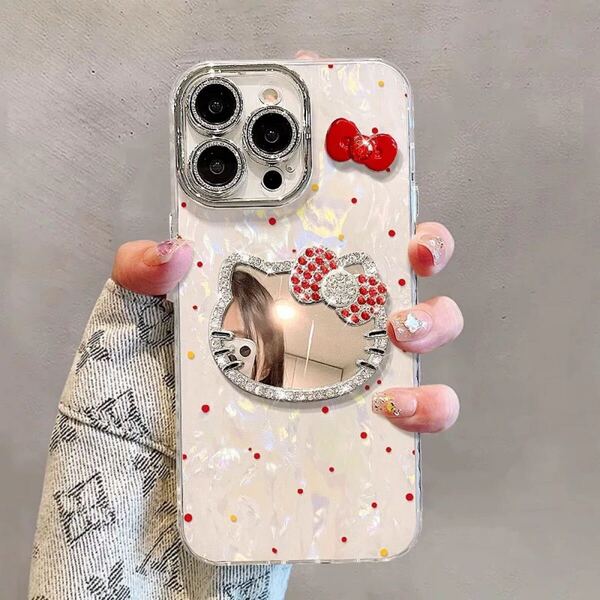 iPhone14/15/16ケース キラキラ キティちゃんミラー 立体リボン付き