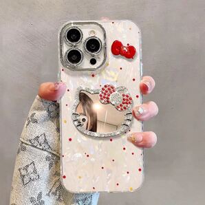 iPhone14/15/16ケース キラキラ キティちゃんミラー 立体リボン付き