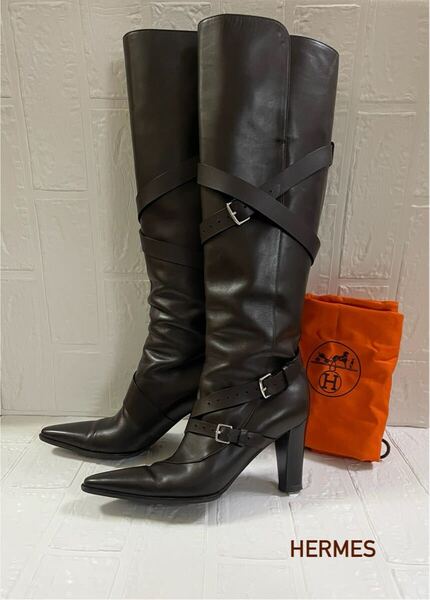 【HERMES】エルメス イタリア製 ベルト付きロングブーツ36(23cm)ブラウン レザー