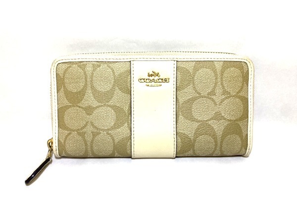 【即決】COACH コーチ シグネチャー ラウンドファスナー 長財布 F54630 レザー PVC ベージュ アイボリー ゴールド金具