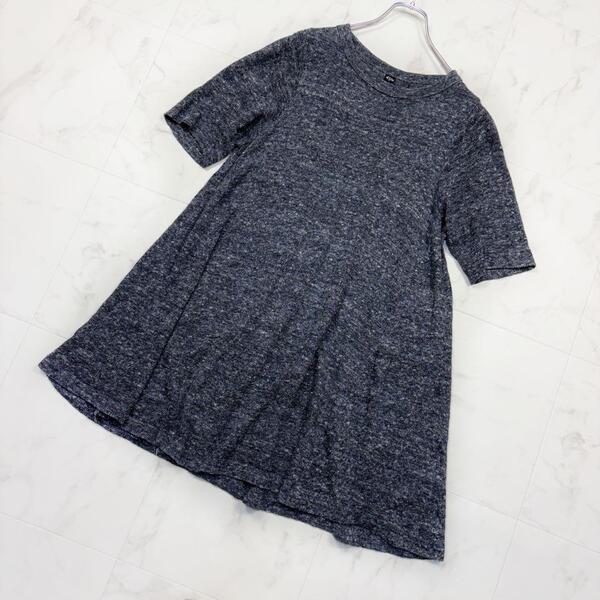 45R モンサンミッシェル超ガーゼのチュニック ワンピース リネン混 S相当 ロゴ刺繍 グレー 長袖 日本製 コットンリネン 45rpm