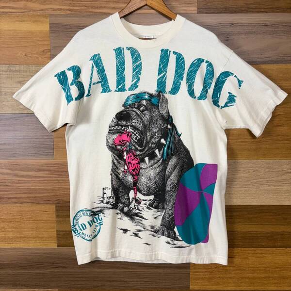 USA製 90s BAD DOG ブルドッグ 両面 大判プリント T-sh Tシャツ サイズ メンズ L シングルステッチ 90年代 アメリカ製 VINTAGE r25042507