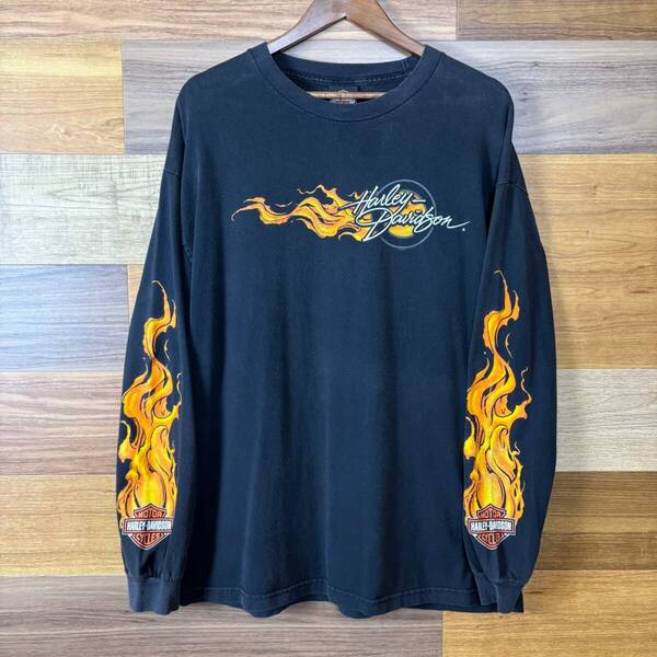 MEXICO製 00s HARLEY DAVIDSON ハーレーダビッドソン ファイヤーフレイム プリント ロンT 長袖 Tシャツ サイズ メンズ XL 00年代 r25042521