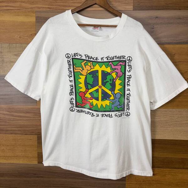 USA製 90s fuman-i-Tees ピースマーク ポップアート デザイン プリント T-sh Tシャツ サイズ メンズ 2XL シングルステッチ 古着 r25042536