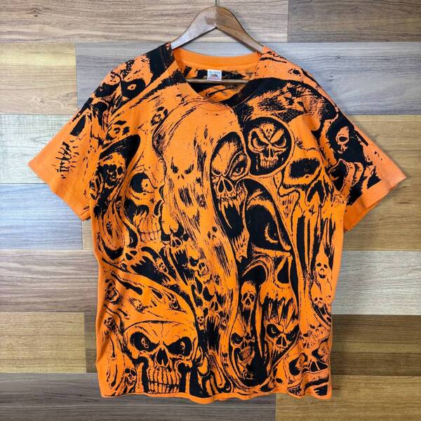 USA製 90s スカル ドクロ 骸骨 総柄 マルチ オールオーバー パターン T-sh Tシャツ サイズ メンズ XL シングルステッチ 古着 r25042554
