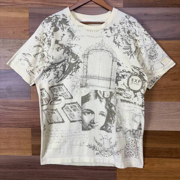 90s ルネサンス期 アート デザイン 総柄 マルチ オールオーバー パターン T-sh Tシャツ サイズ メンズ L位シングルステッチ 古着 r25042556