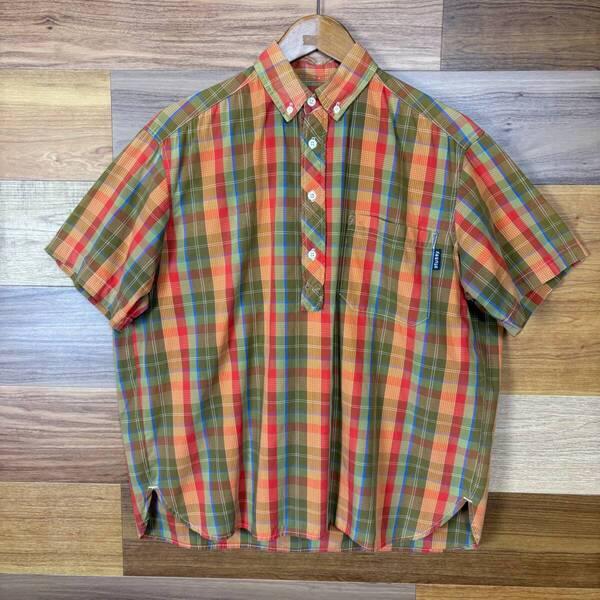 USA製 90s STUSSY ステューシー マドラスチェック柄 3点留め プルオーバー 半袖シャツ サイズ メンズ S アメリカ製 古着 r25050998