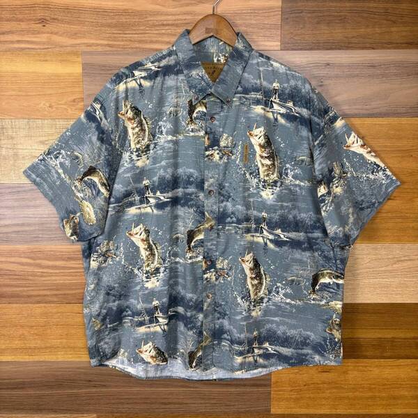 90s NORTH RIVER ブラックバス 総柄 半袖 シャツ サイズ メンズ XXL 90年代 VINTAGE ビンテージ ヴィンテージ ストリート 古着 r25052731